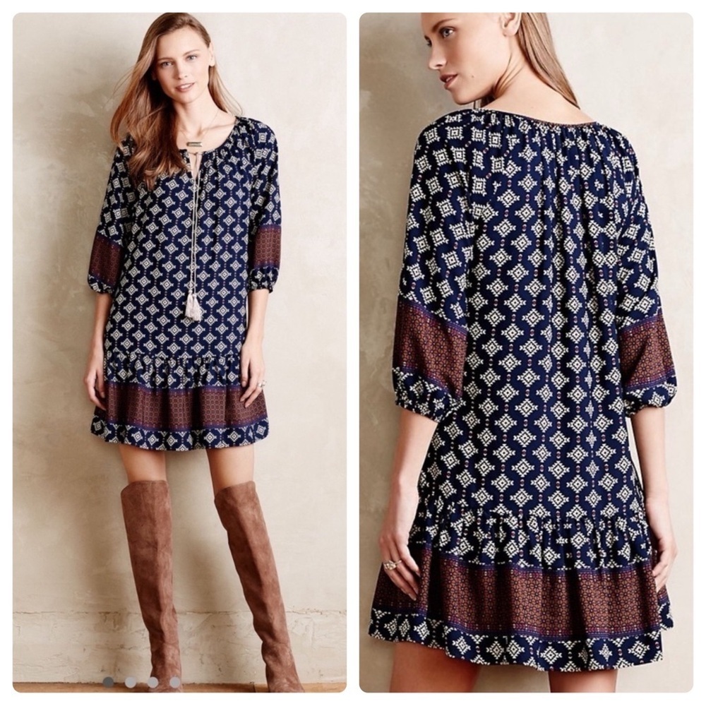Anthro Vanessa Virginia Wayfinder Peasant Tunic Dress in Blue Motif Sz. XS